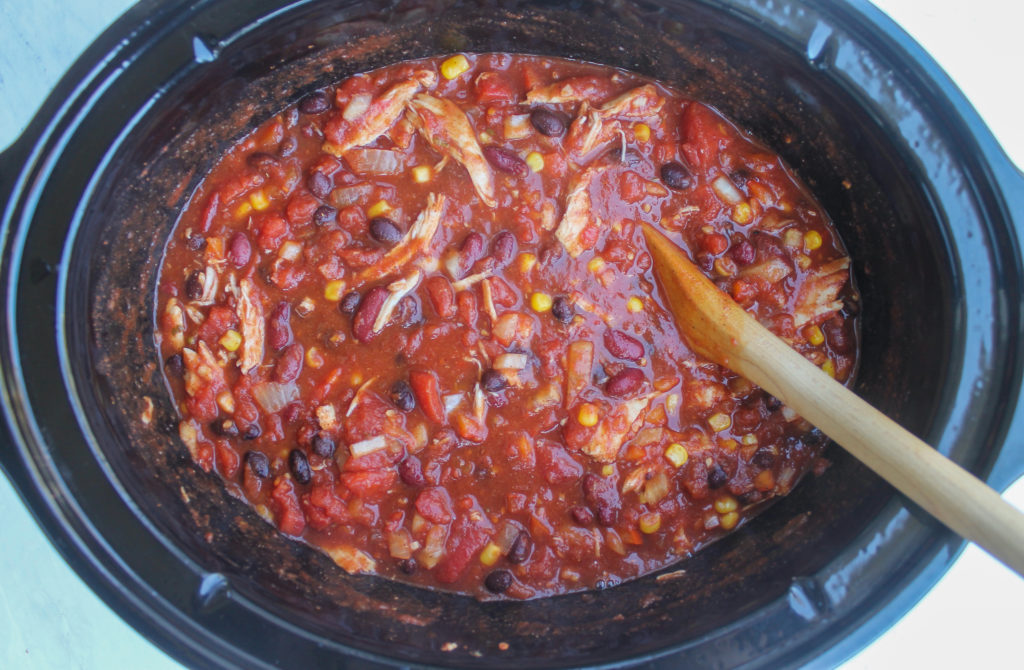 The finished Southwest Chicken Chili in the crockpot.