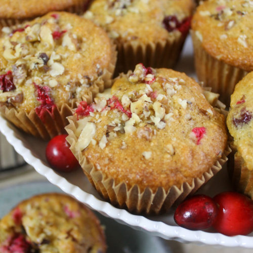 Cranberry Muffins on a white tray as a Thanksgiving side dish.