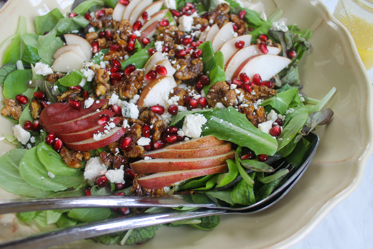 Baby lettuce greens with pomegranate, pears, blue cheese and honey walnuts.