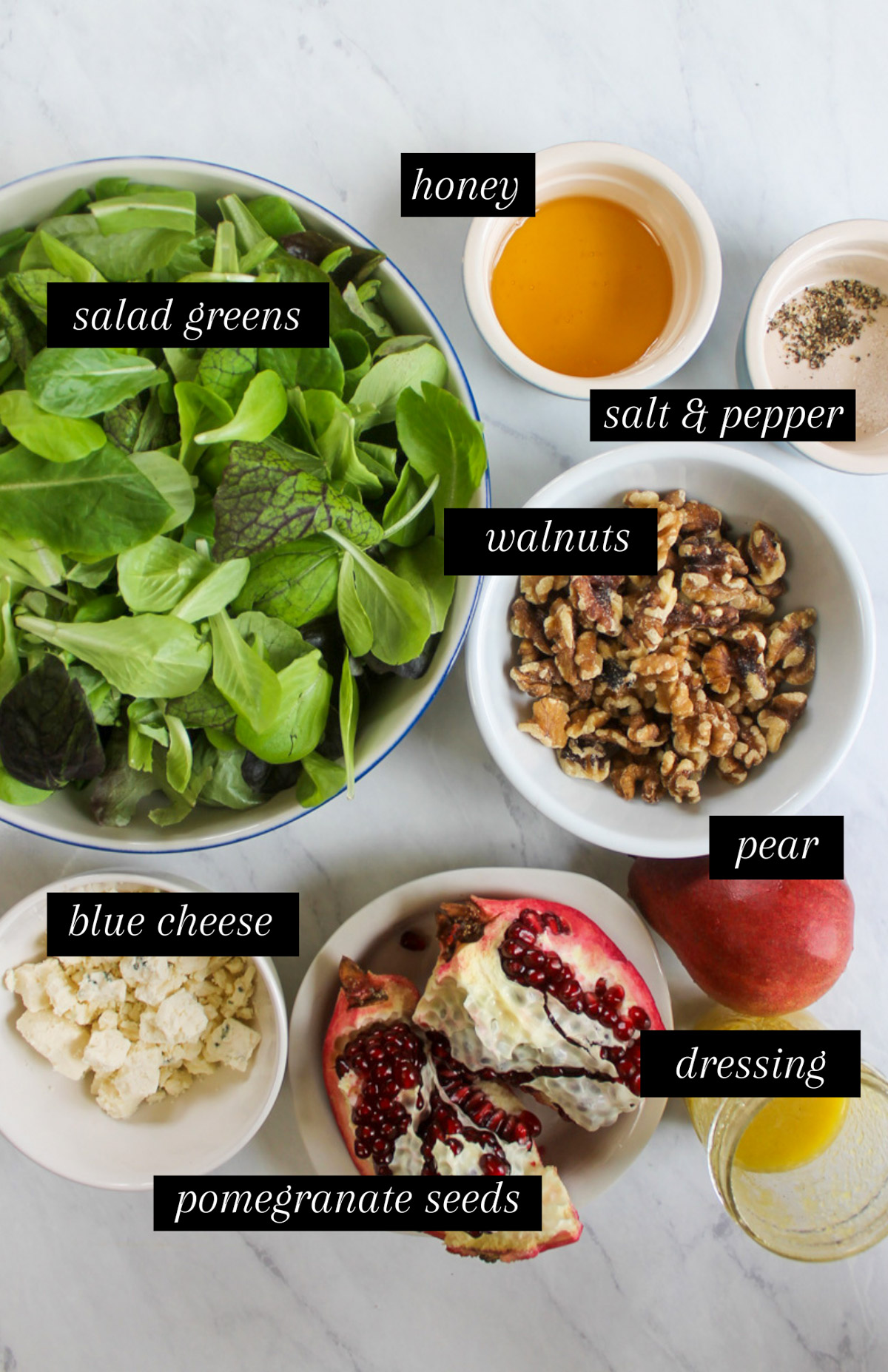 Labeled ingredients for pear and blue cheese salad.