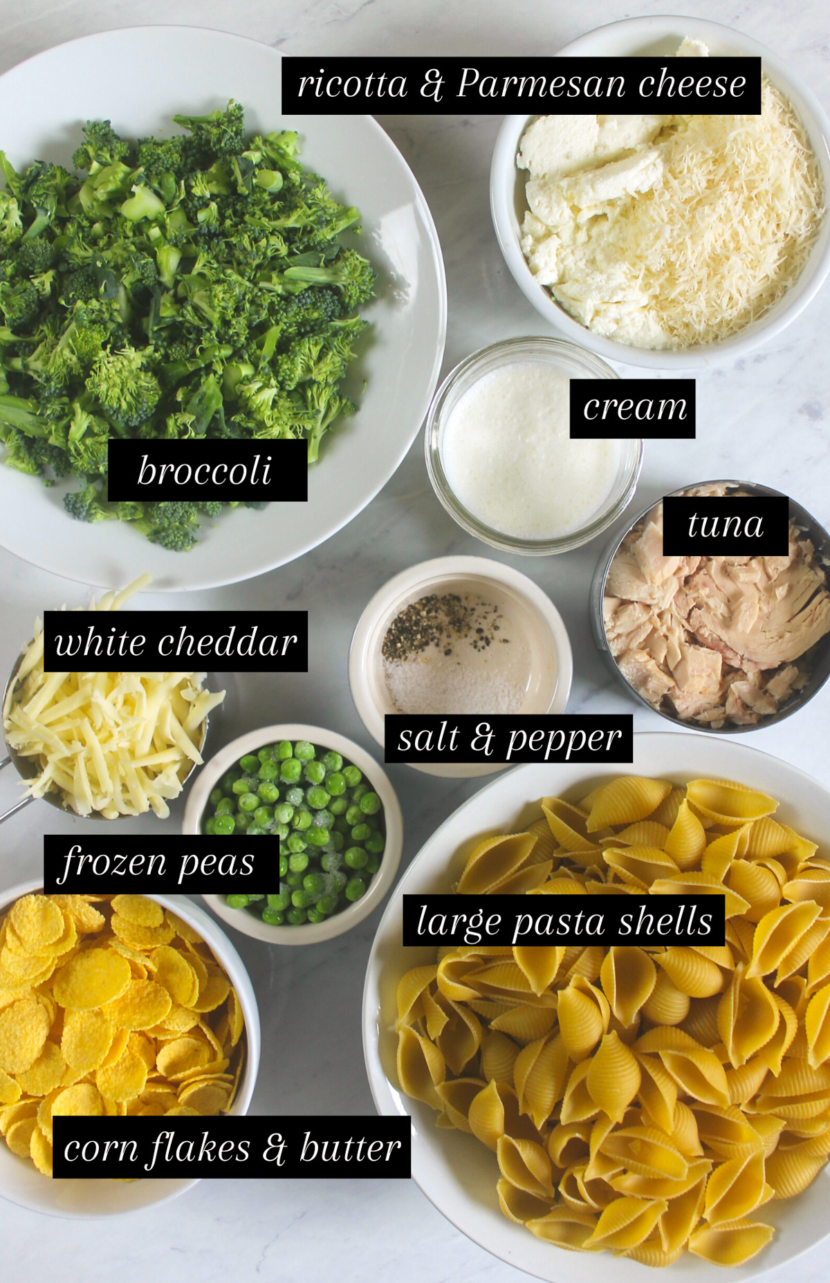 Labeled ingredients for Tuna Broccoli Pasta Bake.