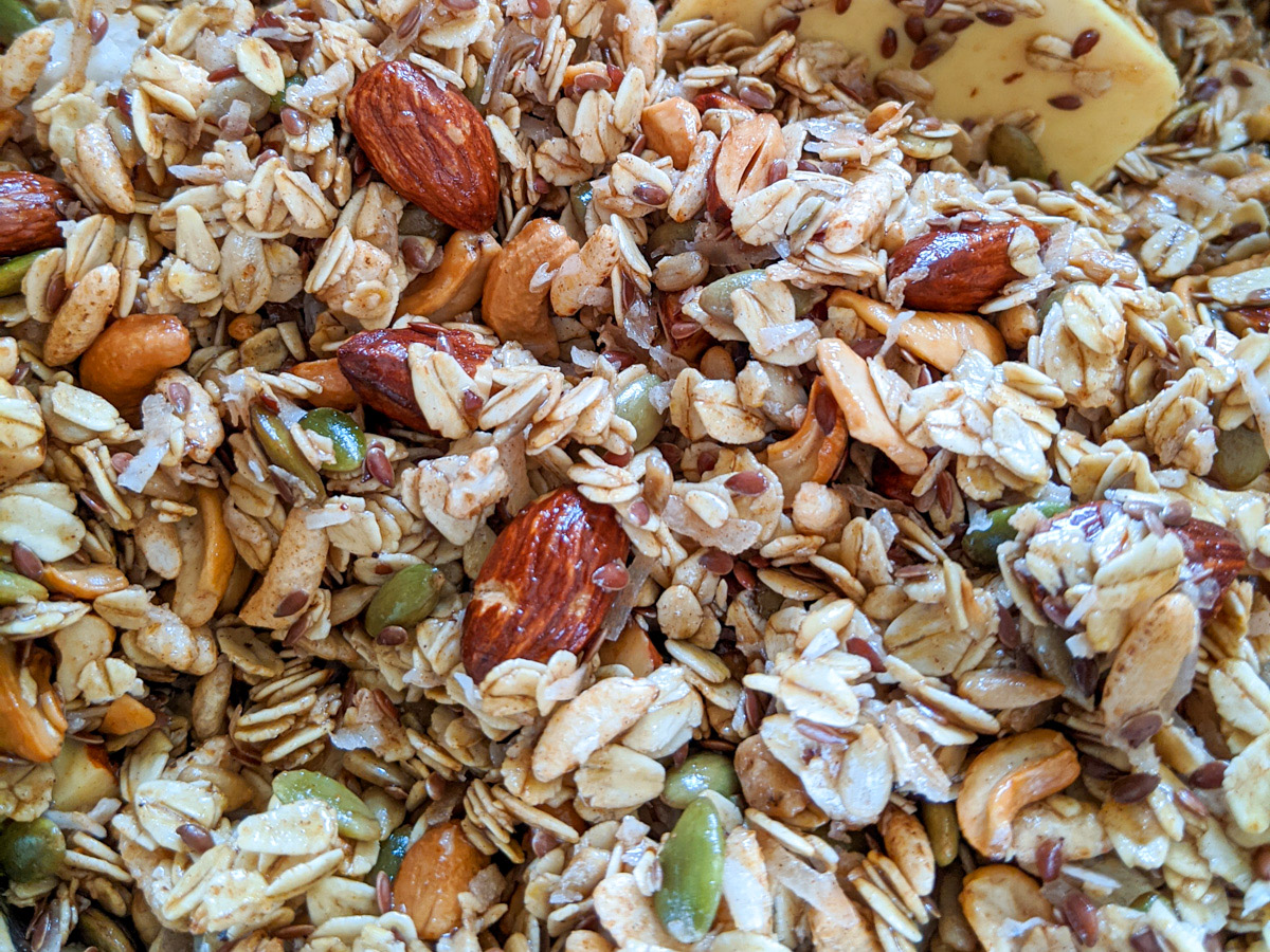 Raw Almond Granola ready to be baked in the oven.