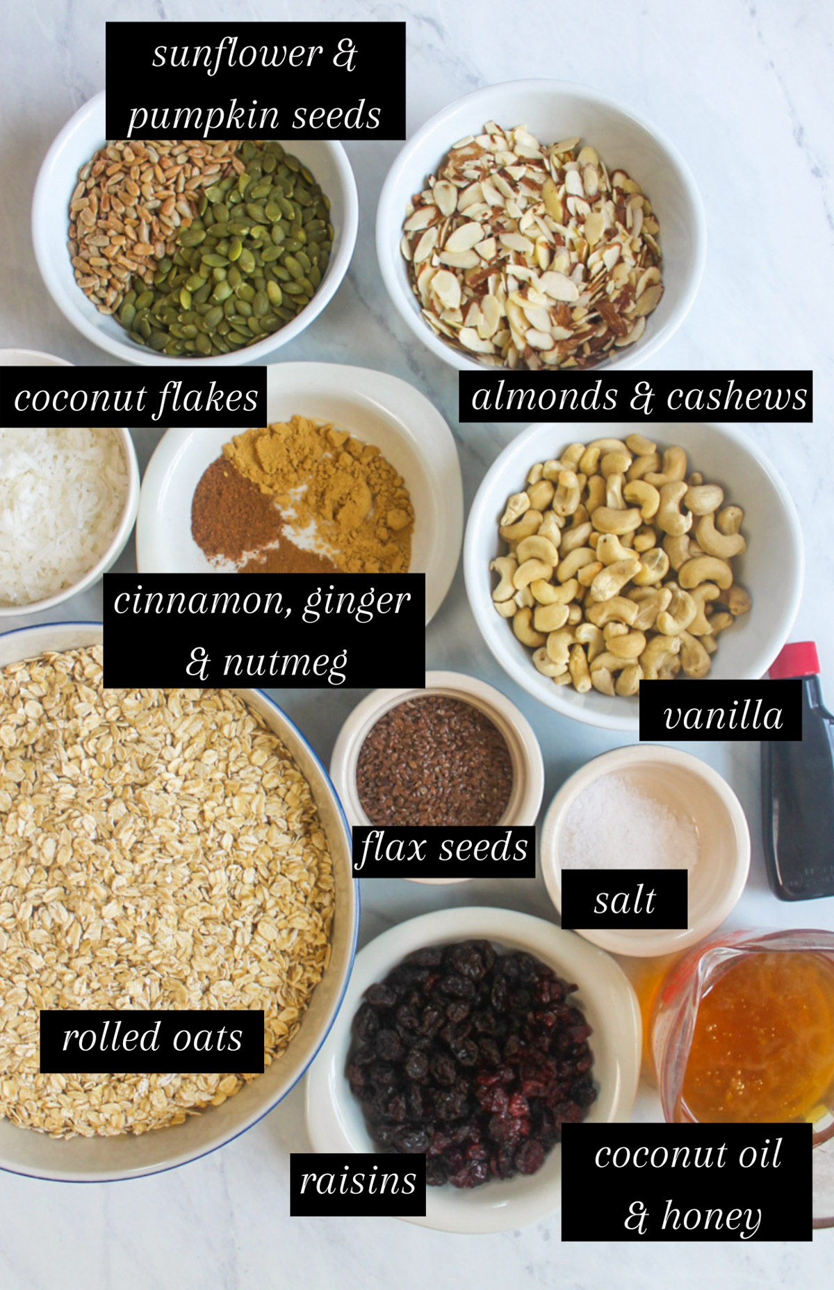 Labeled ingredients for Almond Spiced Granola with Big Clusters.