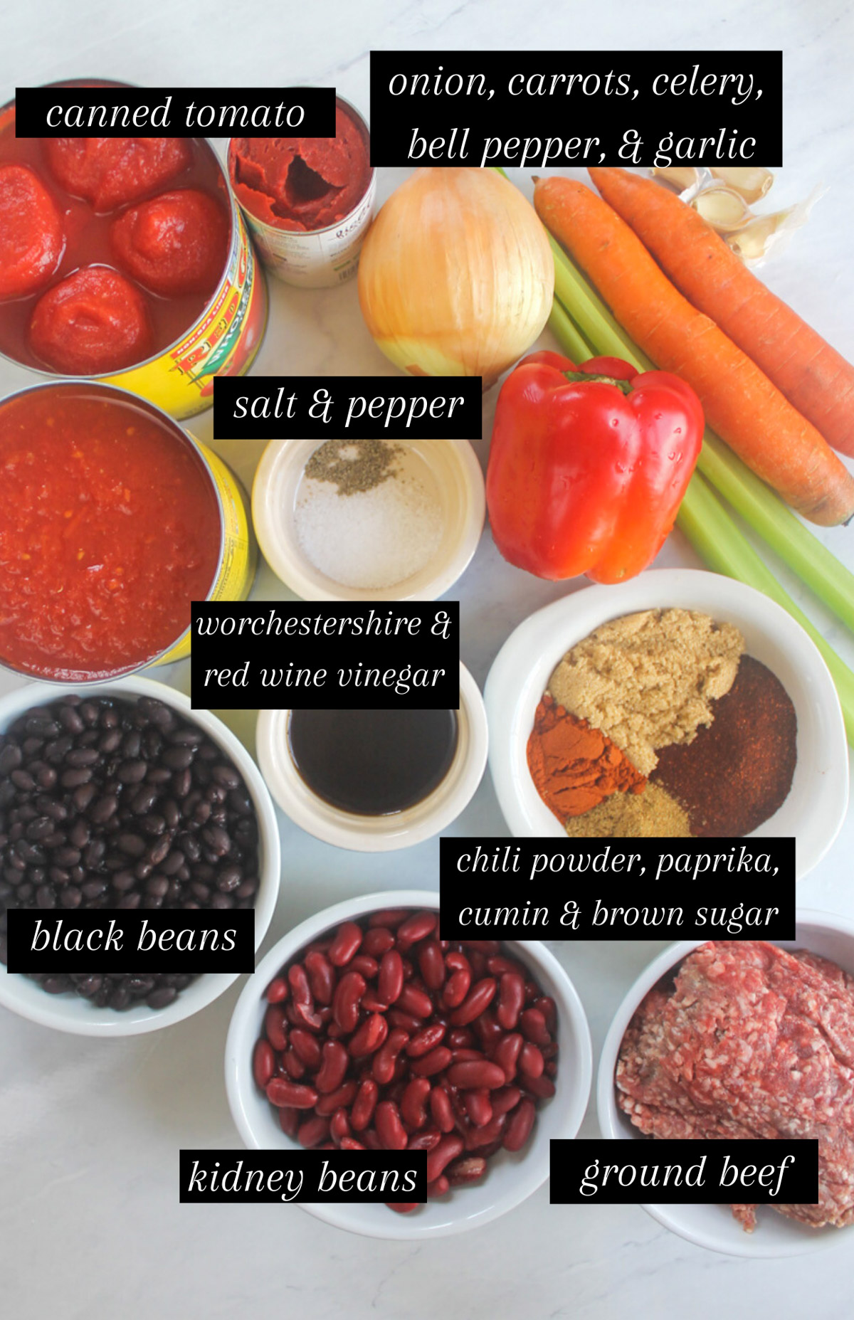 Labeled ingredients for beef vegetable chili.