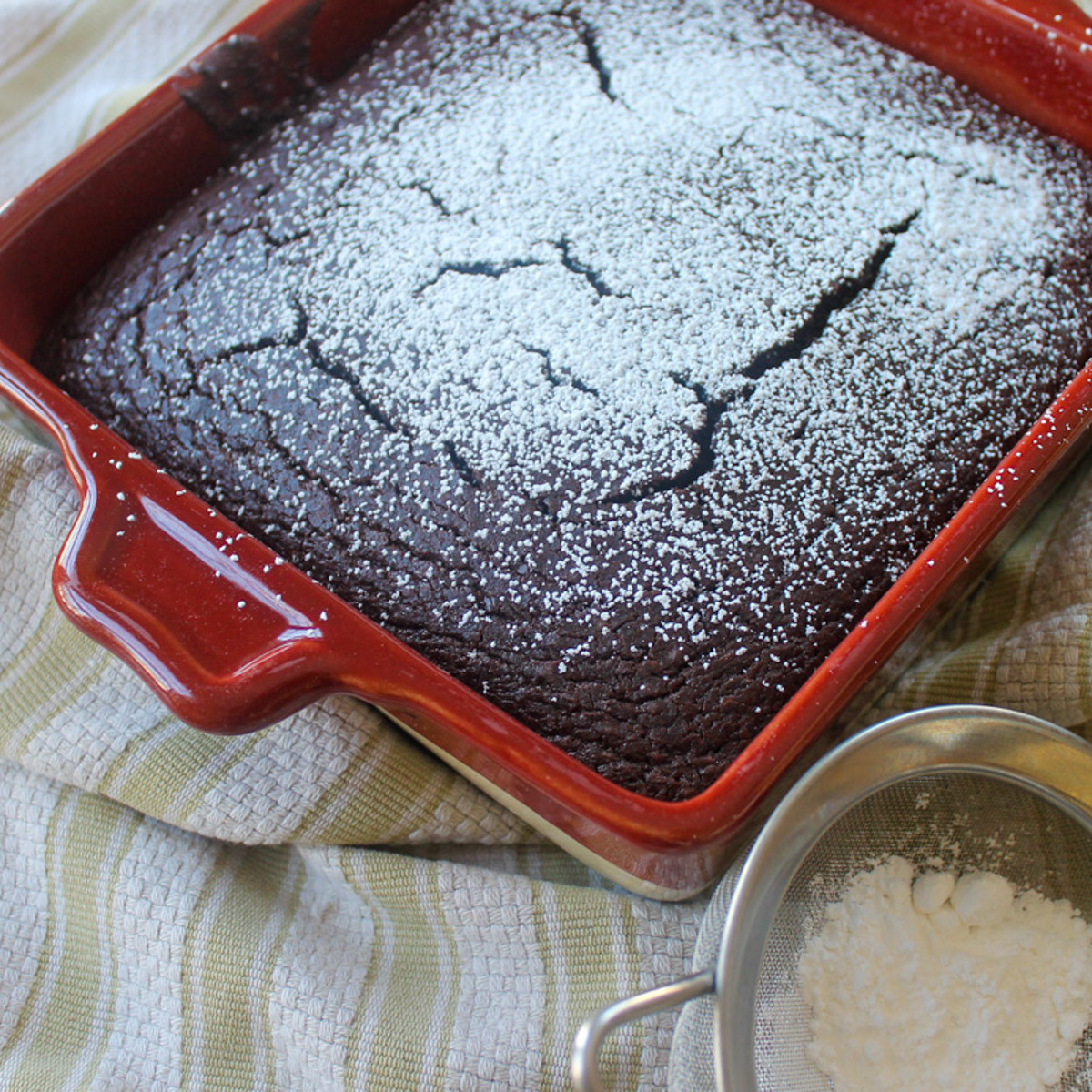 A red pan of black bean protein brownies dusted with powdered sugar.