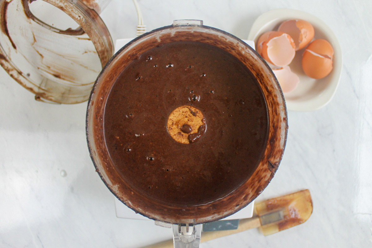 Black bean brownie batter blended smooth in the food processor.