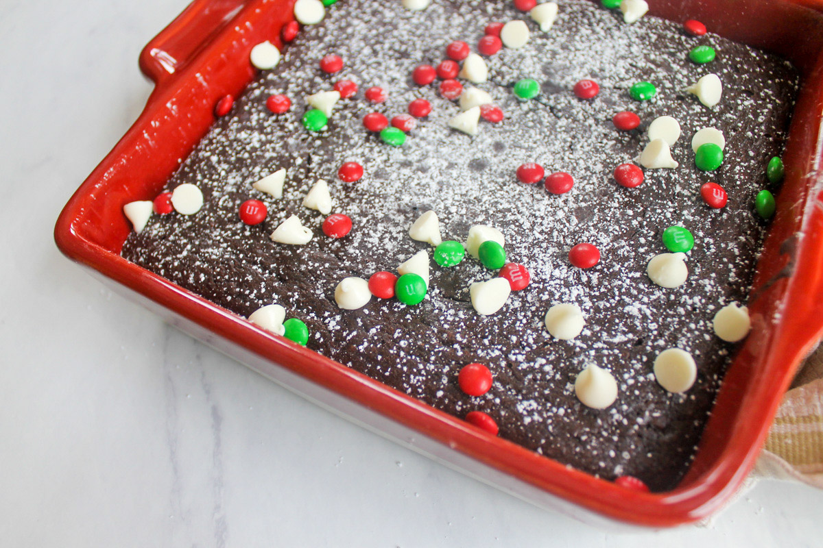 Christmas themed black bean brownies with green and red M&M's.
