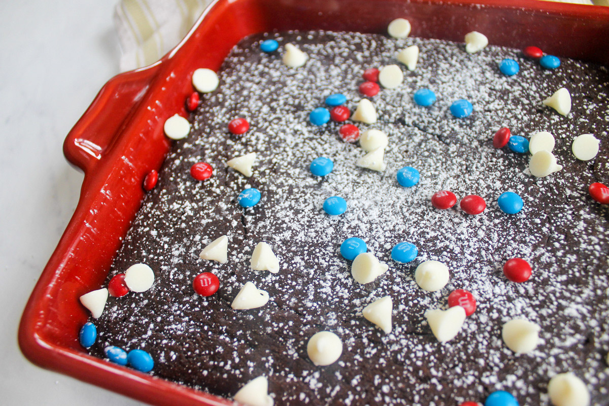 Fourth of July themed black bean brownies with white chocolate chips and blue and red M&M's.