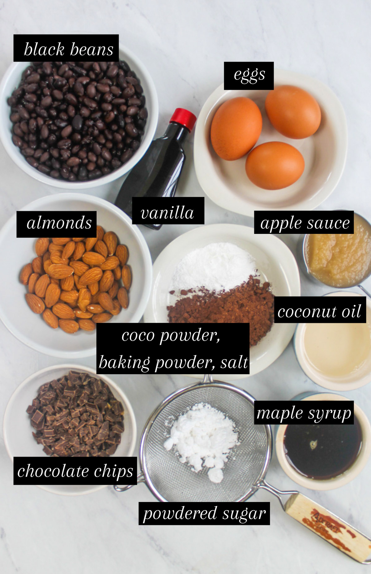 Labeled ingredients for black bean protein brownies.