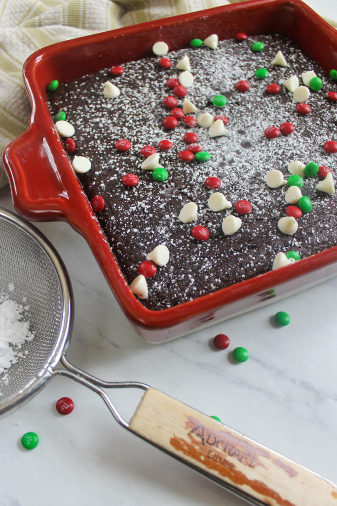 Protein Brownies with Christmas m&m's and powdered sugar