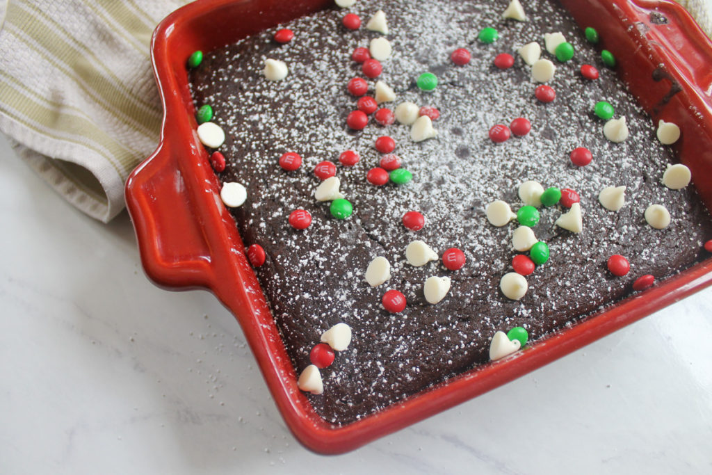 Protein Brownies with Christmas m&m's and powdered sugar