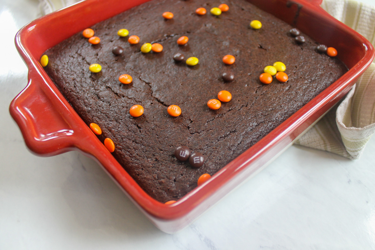 Protein Brownies topped with M&M's in Halloween colors.
