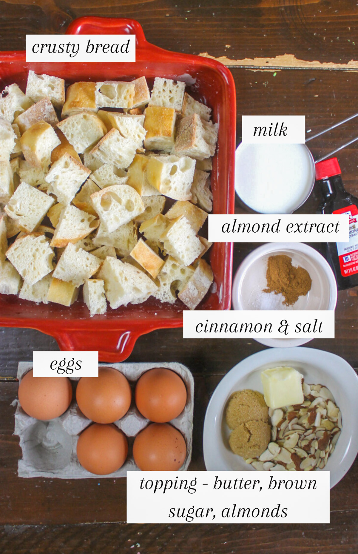 Labeled ingredients for French Toast Bake.