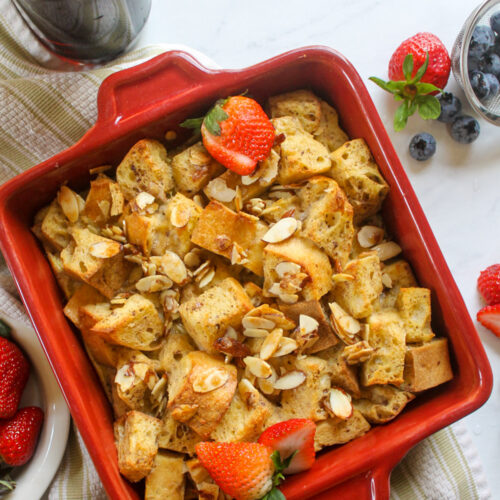 Make ahead overnight French toast bake with almond topping.