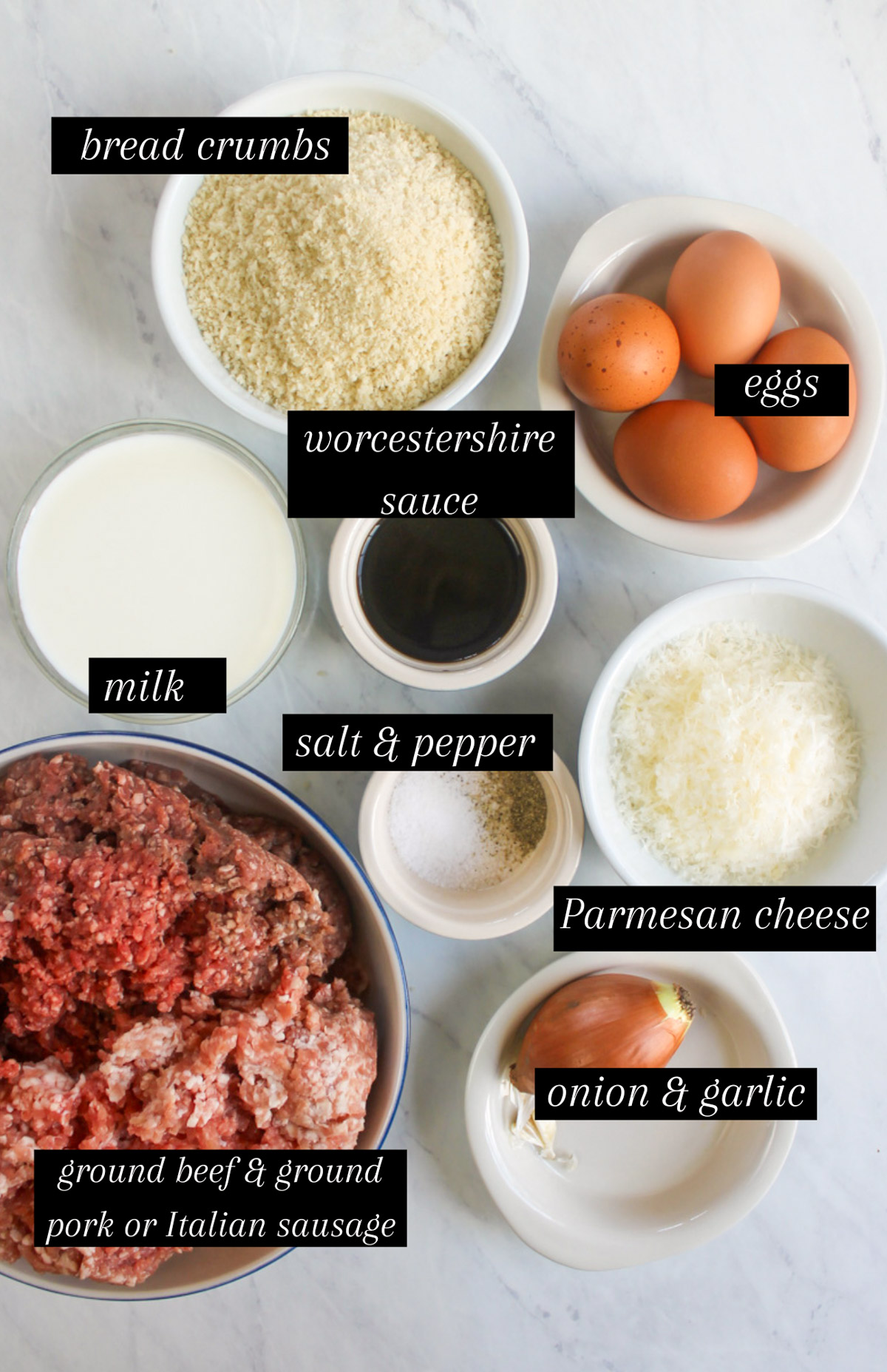 Labeled ingredients for meatball subs.