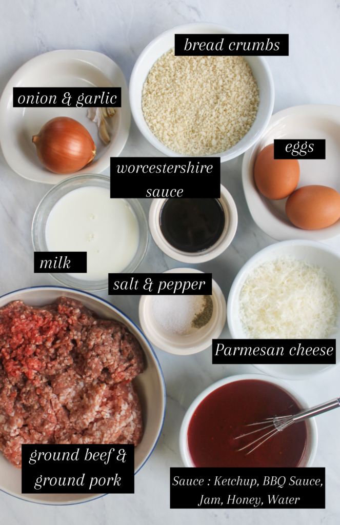 Labeled ingredients for  Sweet & Sticky Crockpot Appetizer Meatballs.