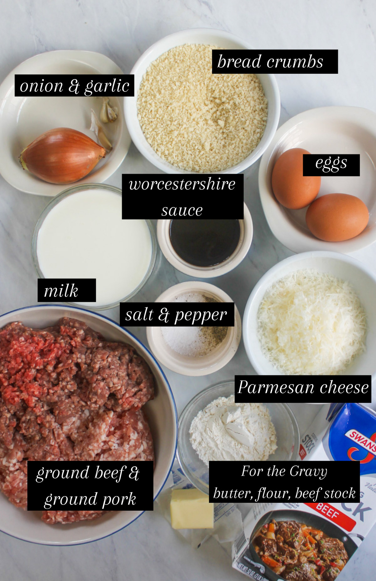 Labeled ingredients for Norwegian Meatballs.