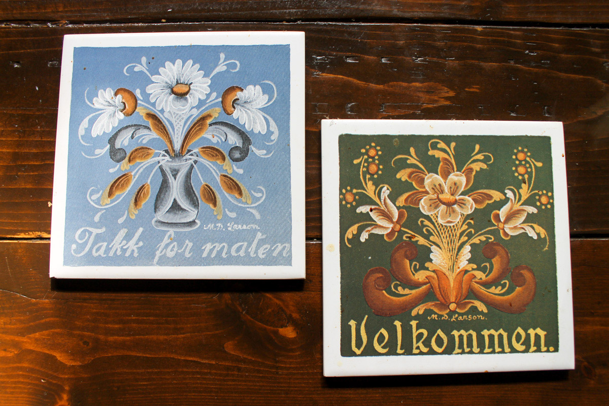 Norwegian relics from my grandmother, two ceramic painted tiles.