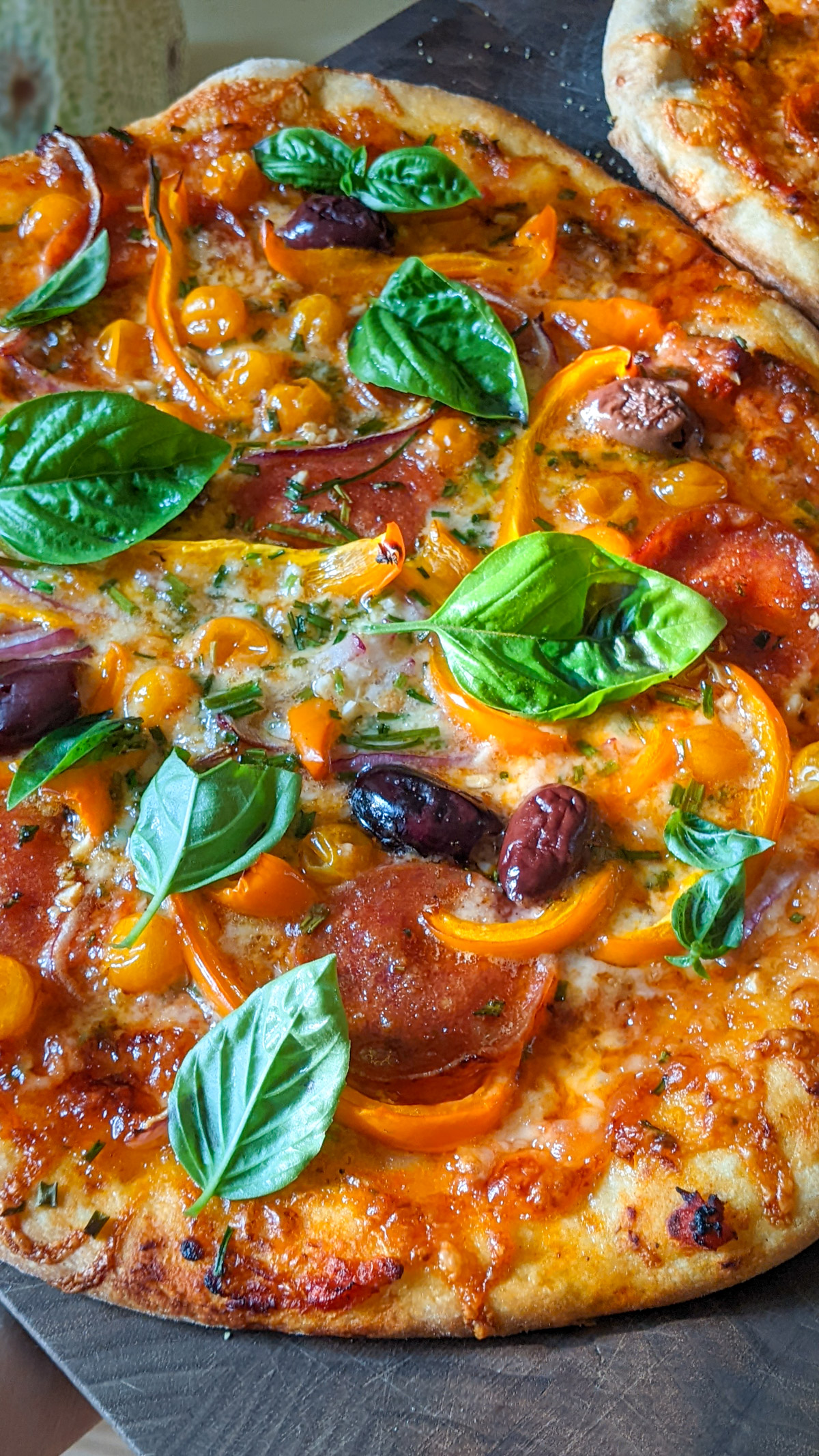 Pizza from the oven at home with peppers, onions and olives with fresh basil leaves.