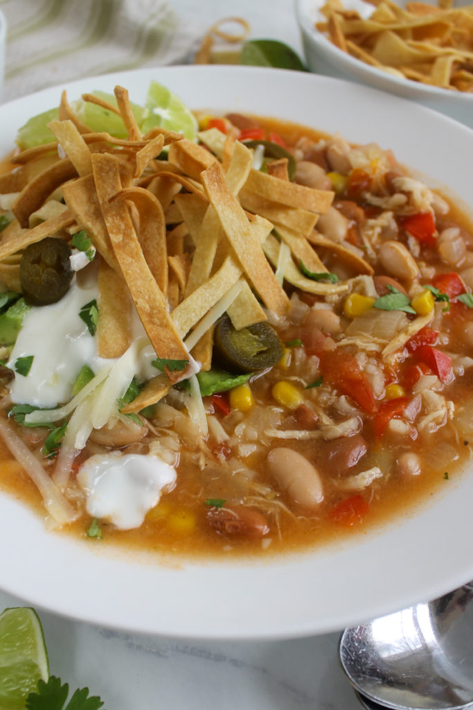 Bowl of Chicken Tortilla Soup with baked tortilla strips, cheese, yogurt, avocado and jalapeno.