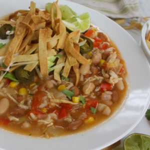 Chicken Tortilla Soup topped with Salty Lime Tortilla Strips