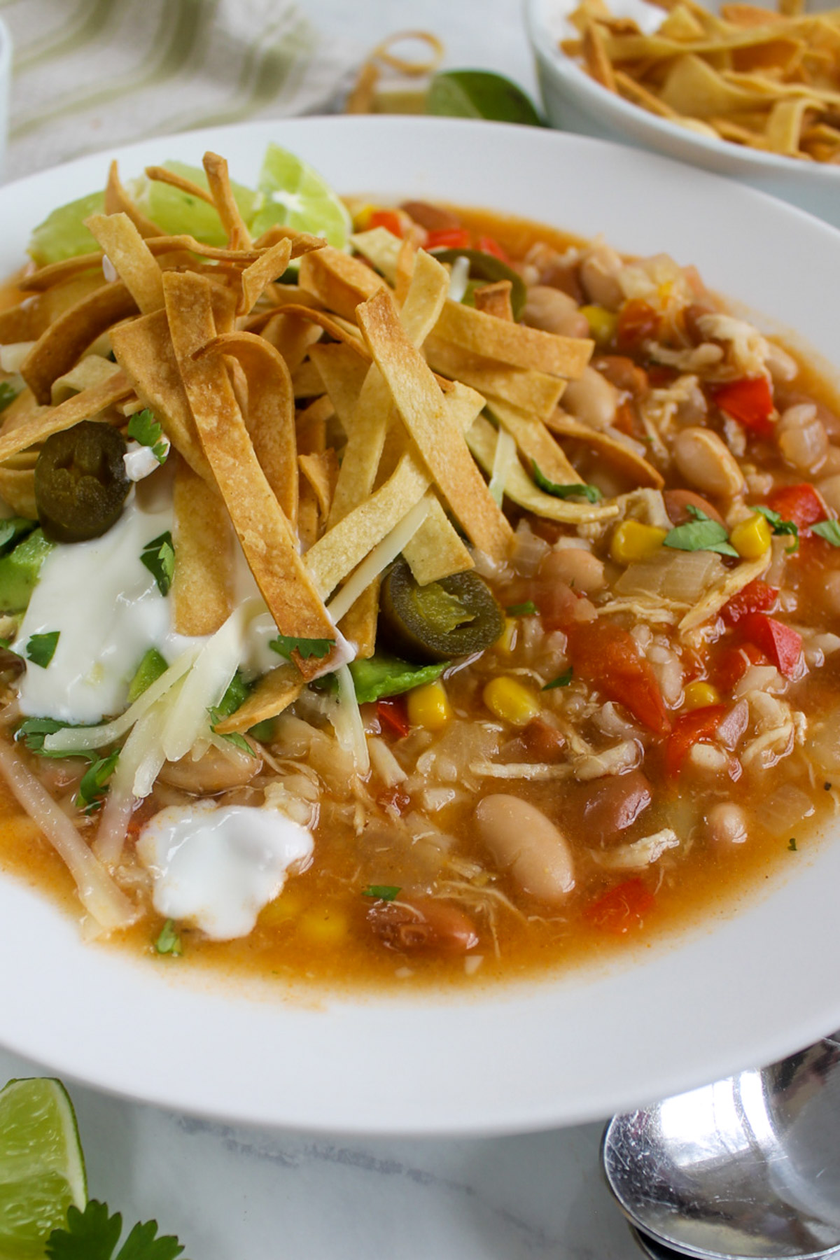 A white bowl of chicken tortilla soup topped with tortilla strips, lime, yogurt and jalapeno.
