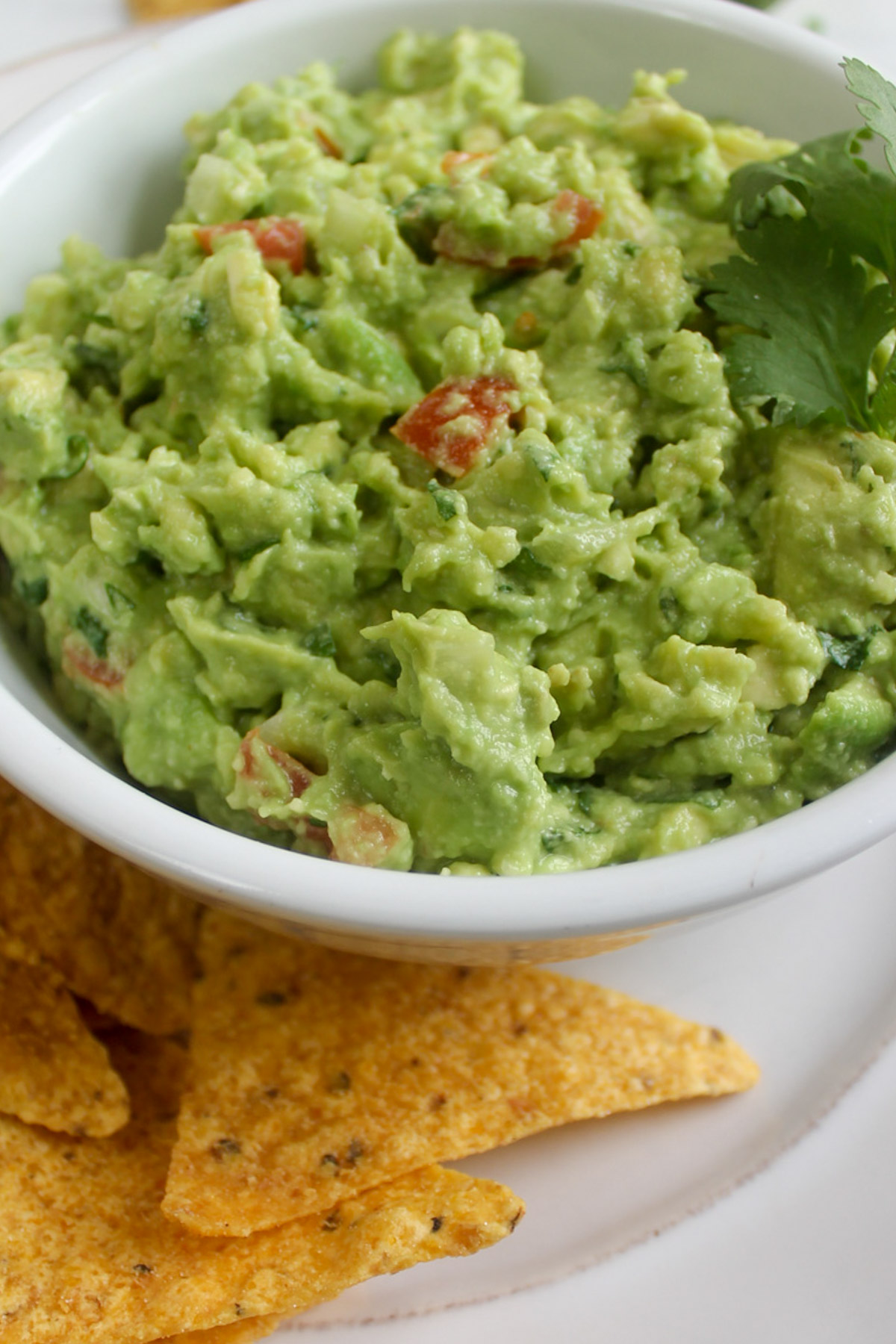 A bowl of guacamole with corn tortilla chips.
