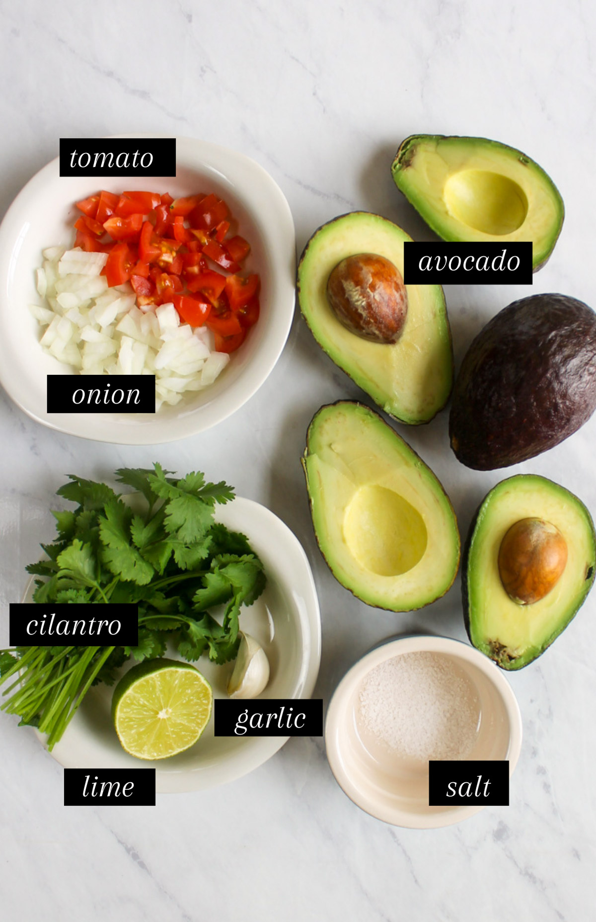Labeled ingredients for guacamole.