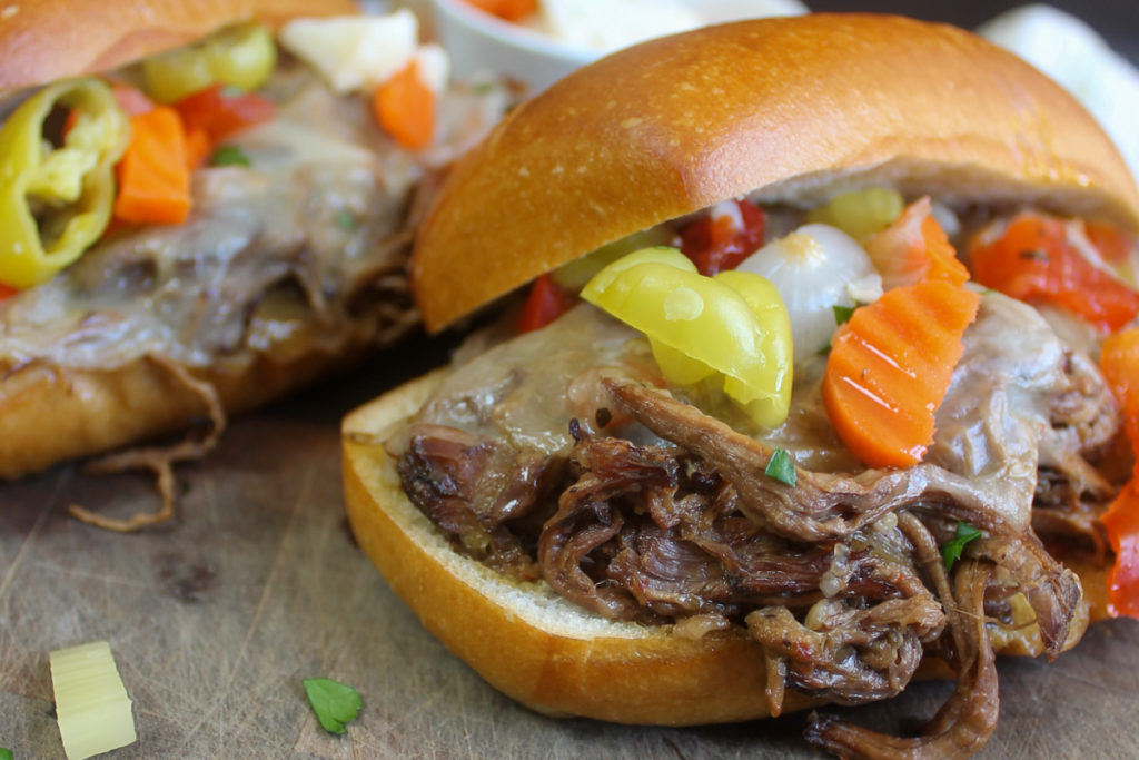 Italian Beef Sandwiches on Hoagie buns with giardiniera.