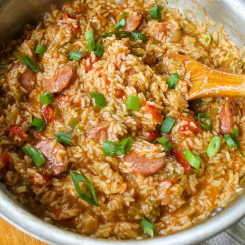 One-pot Jambalaya with andouille sausage, rice and veggies.