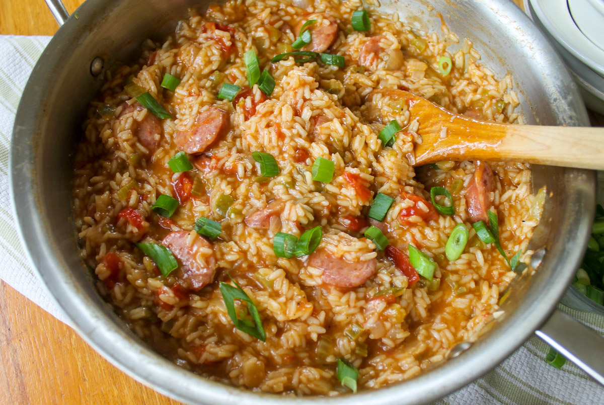 Finished skillet of jambalaya with sausage and rice.