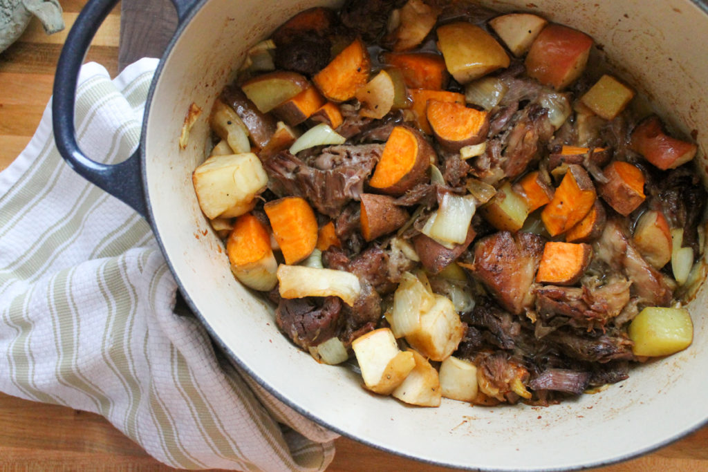 One Pot Maple Pork Roast with Sweet Potato, Onion and Apple.