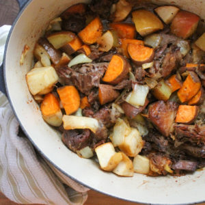 One Pot Maple Pork Roast with Sweet Potato, Onion and Apple.