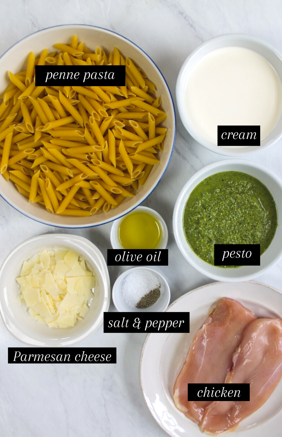 Labeled ingredients for Pesto Alfredo Pasta.