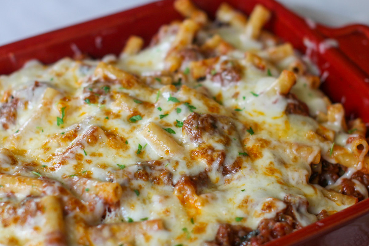 Ragu Sauce Pasta Bake hot and melted from the oven with white cheese.