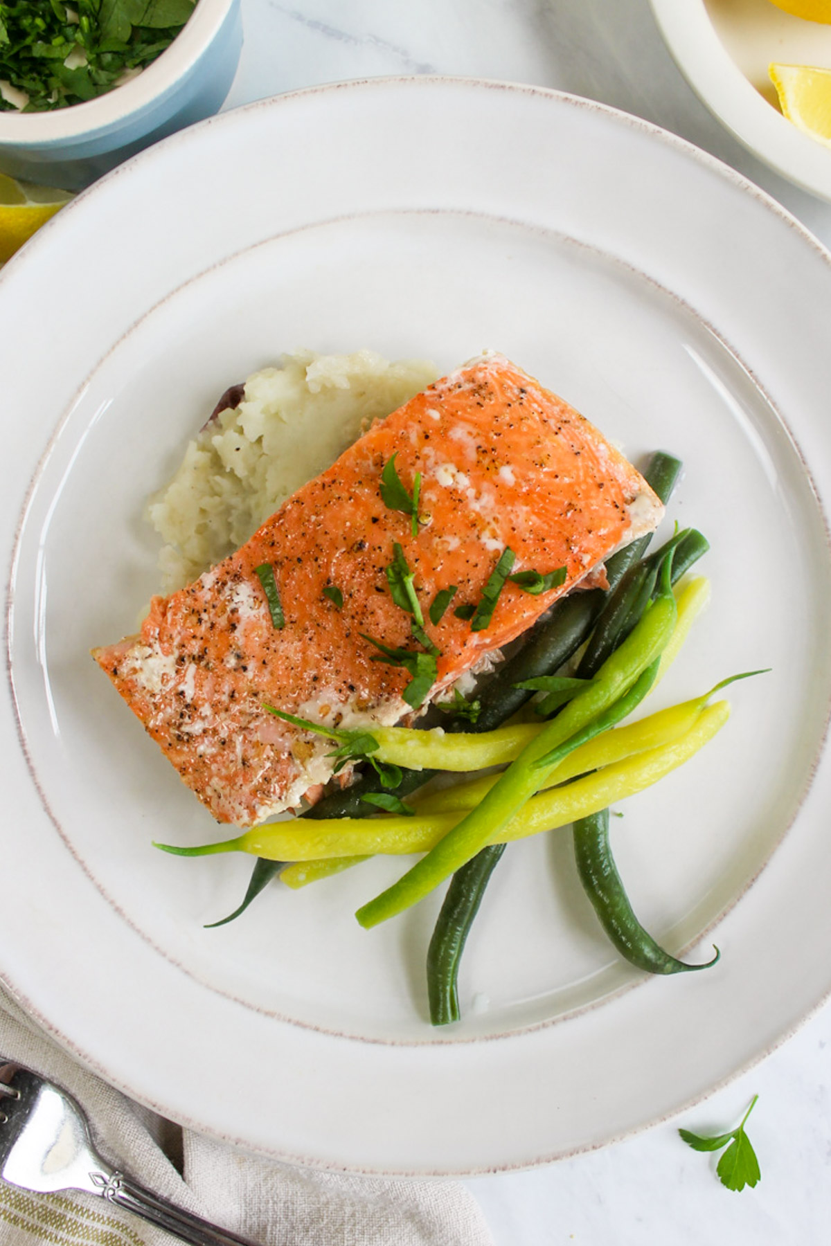 Simple Roasted Wild Caught Salmon with mashed potatoes and green beans.
