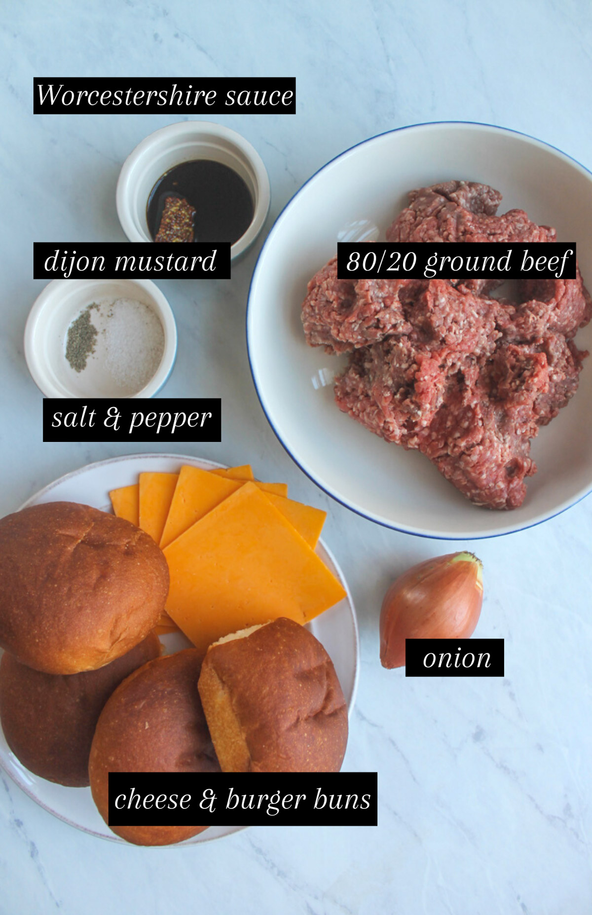 Labeled ingredients for cast iron skillet burgers.