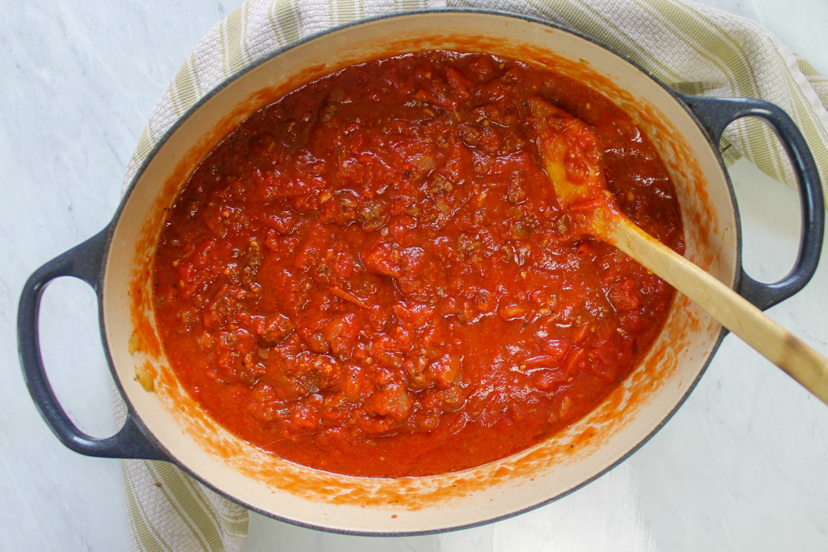 A pot of finished spaghetti meat sauce.