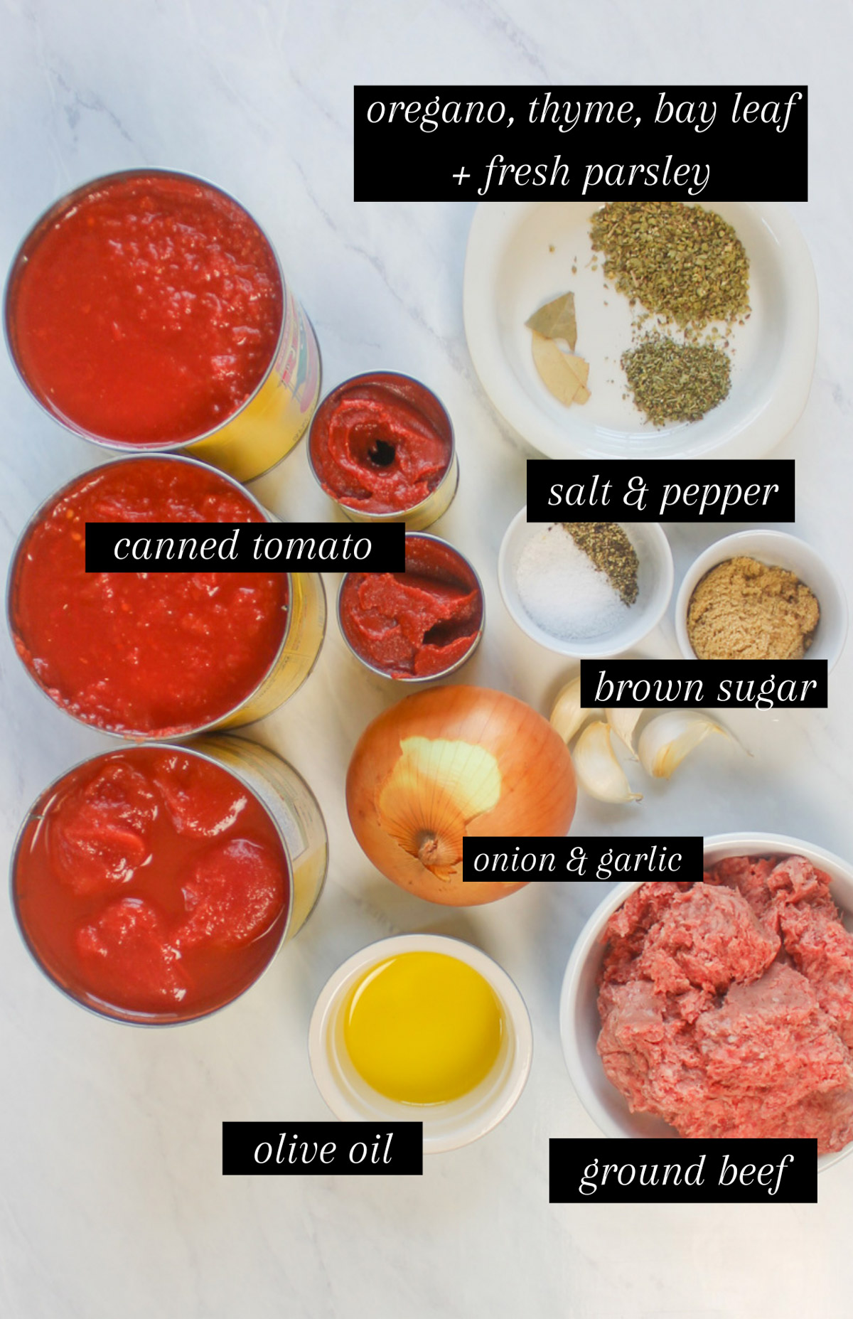 Labeled ingredients for homemade spaghetti sauce.