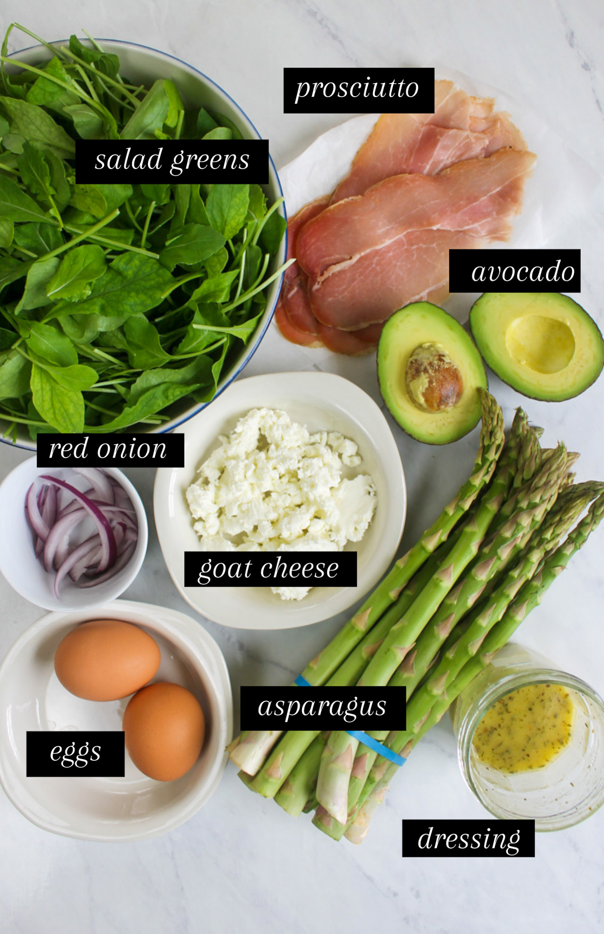 Labeled ingredients for Asparagus Salad with Crispy Prosciutto.