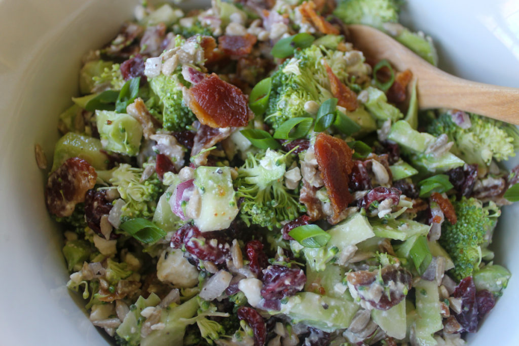 Close up broccoli bacon salad.