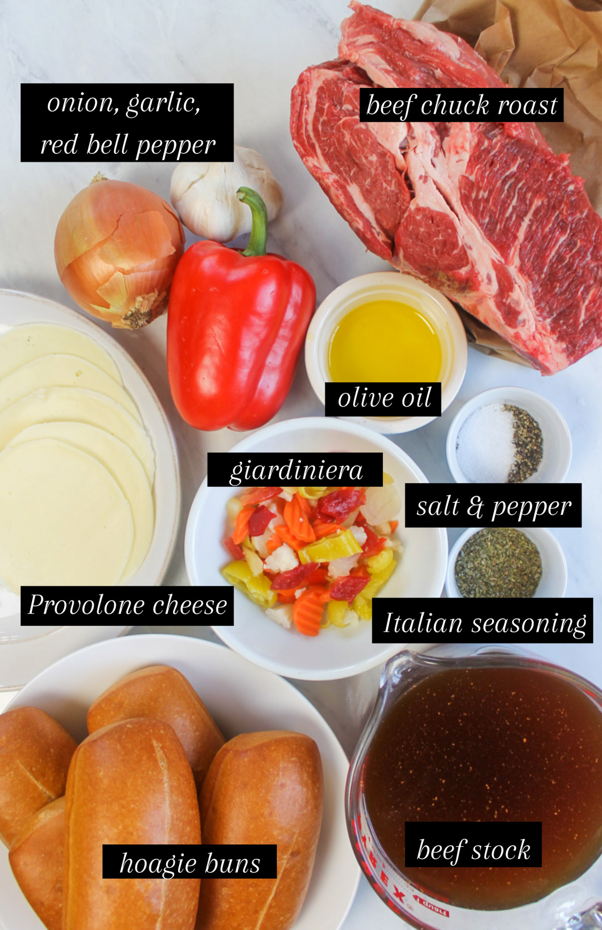 Labeled ingredients for Italian Beef Sandwiches with Giardiniera.