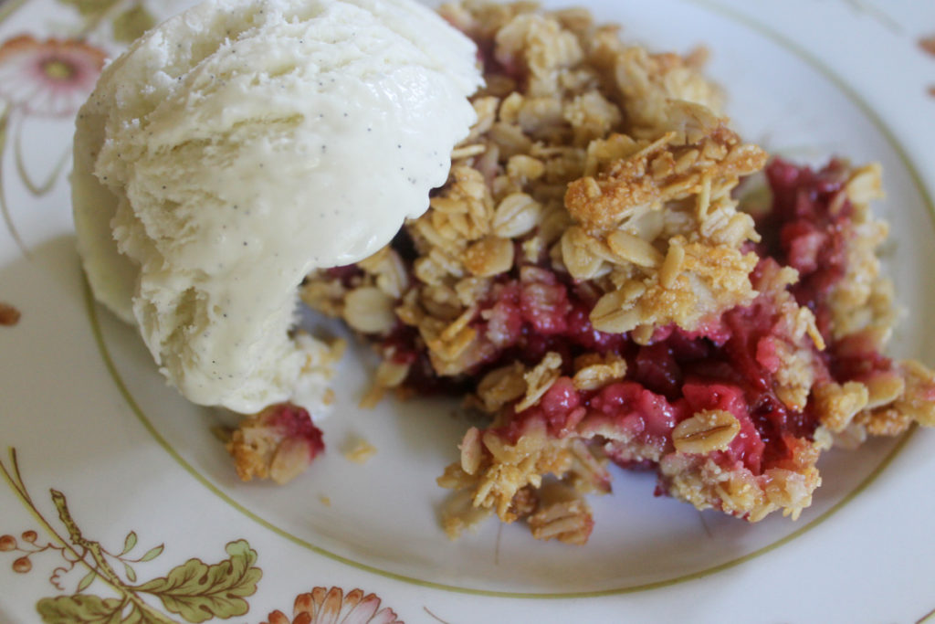 A close up of a serving of berry rhubarb crisp with vanilla ice cream on a plate.