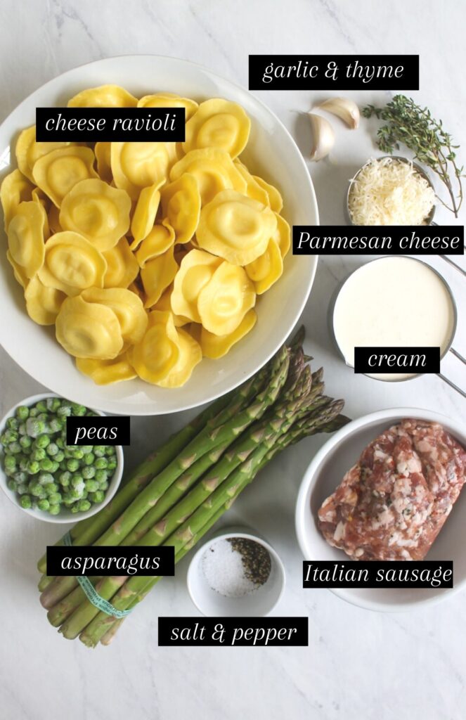 Labeled ingredients for creamy asparagus ravioli.
