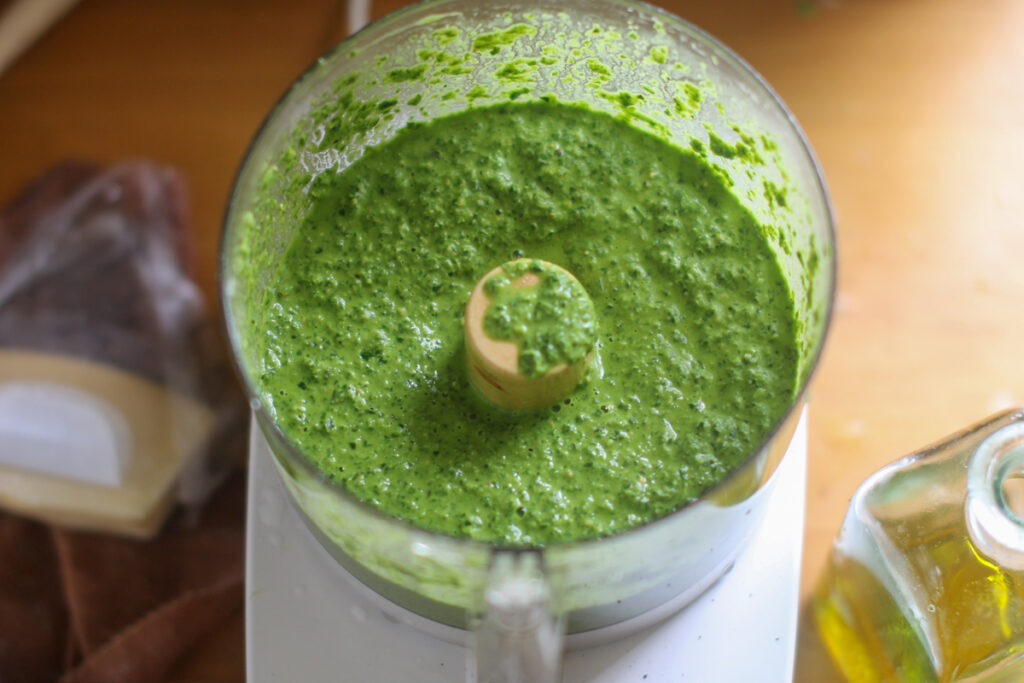 Pesto made in the food processor.