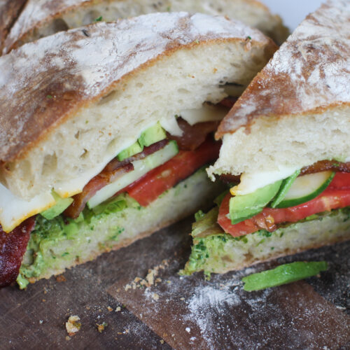 Garden BLT's with pesto aioli and extra veggies on ciabatta bread.