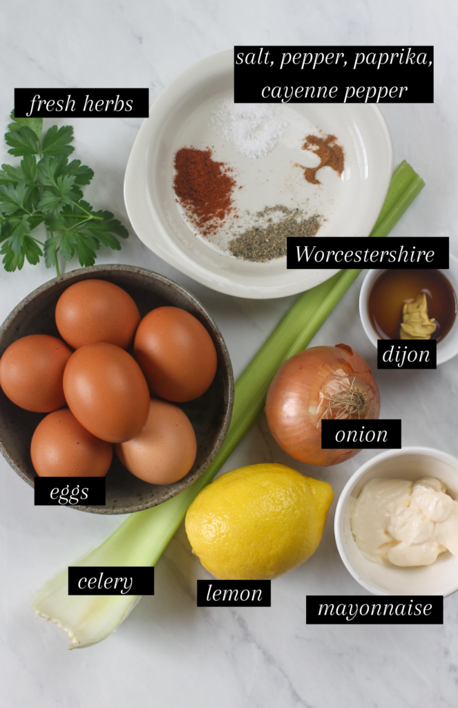 Labeled ingredients for egg salad.