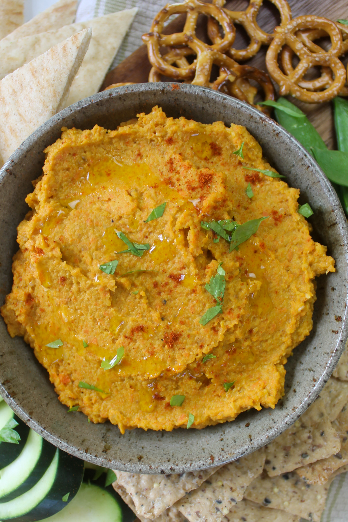 High protein hummus made with roasted carrot, onion and garlic.