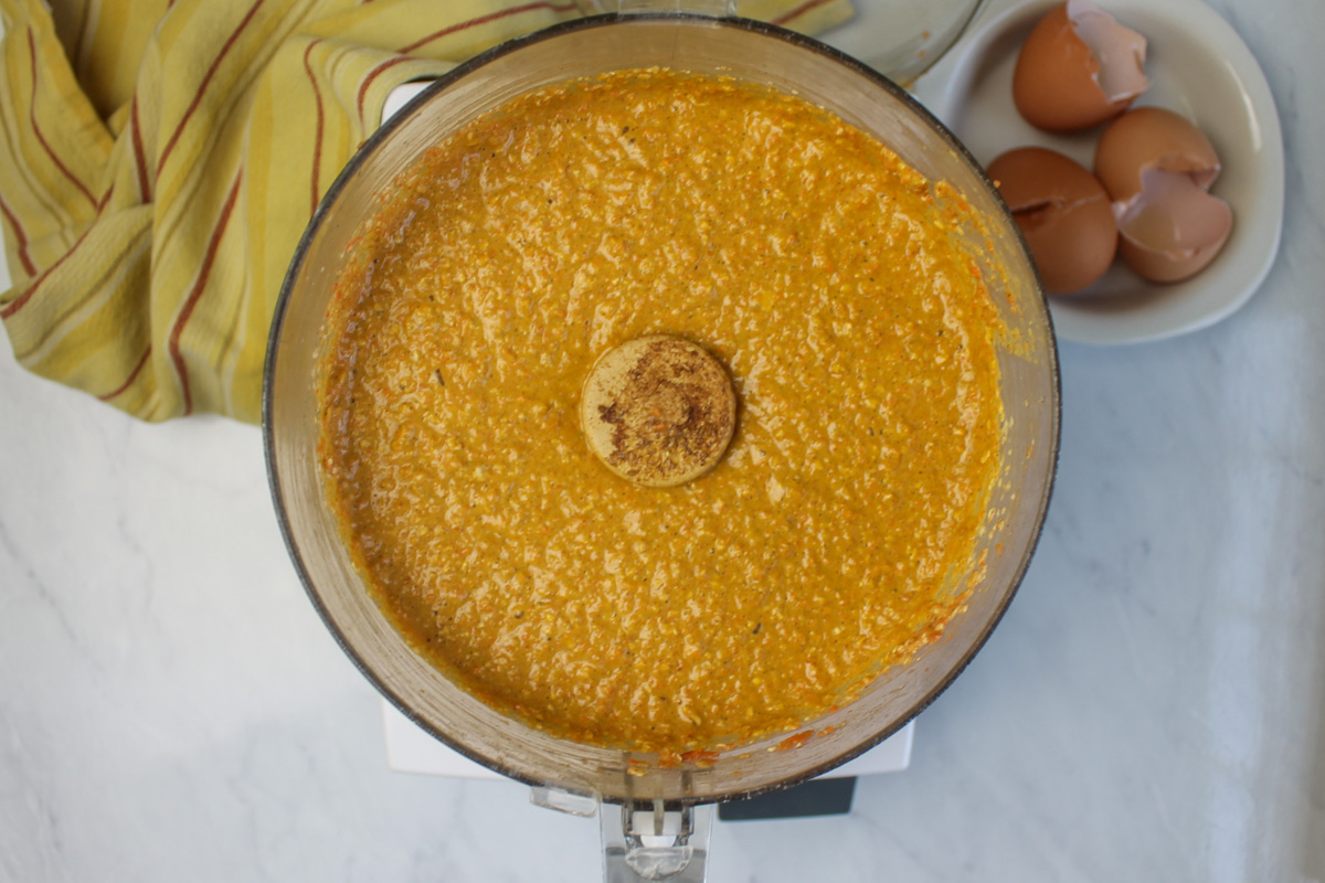 The pureed batter in the food processor.