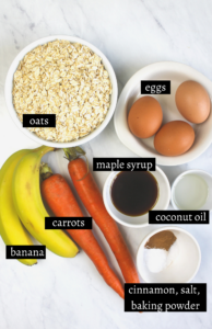 Labeled ingredients for banana carrot muffins.